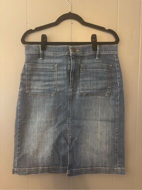 Women's Knee Length Denim Skirt in Faded Blue with Front Slit